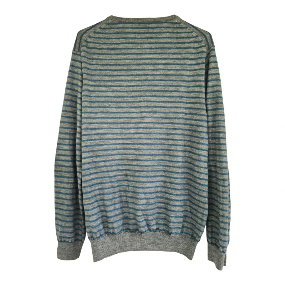 J.Crew 100% Merino Wool Sweater Large Blue Gray Stripe V Neck Lightweight